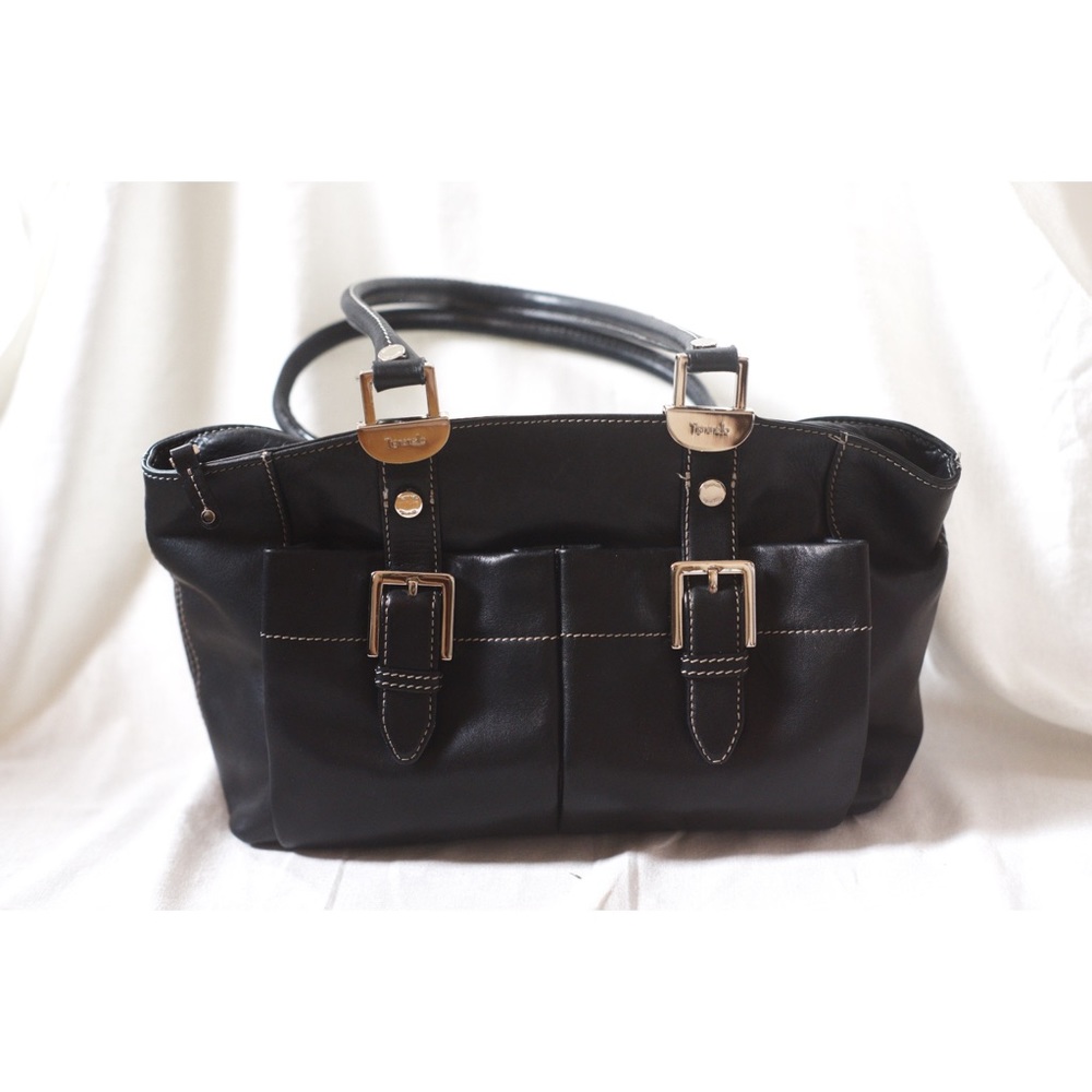 Tignanello Black Leather Satchel, Shoulder Bag, Handbag, Buckled Pockets